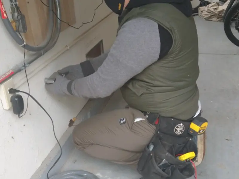 Electrician performing outlet wiring in a Manalapan garage